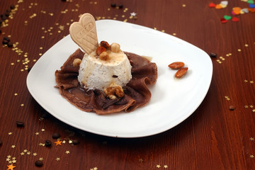 Vanilla ice cream and chocolate pancake