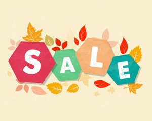 autumn sale with leaves, grunge drawn hexagons labels