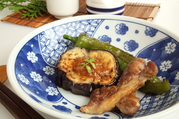 京料理　京都　料理　鴨と茄子と万願寺唐辛子の田楽