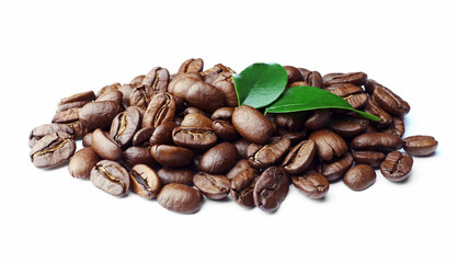 Coffee beans with leaves isolated on white