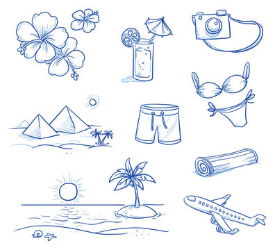 Icon set summer beach holidays, vacation with hibiscus flowers, camera, drink, bathing suits, shore, plane, pyramids. Hand drawn doodle vector illustration.