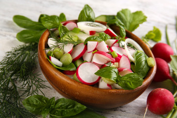Fresh vegetable salad on table close up