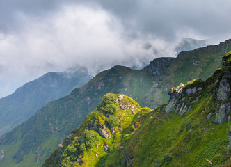 Summer landscape in mountains and the dark blue sky with clouds