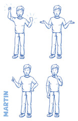 Casual man illustration in different emotions and poses, angry, happy, thoughtful, clueless, hand drawn sketch - Martin part 1