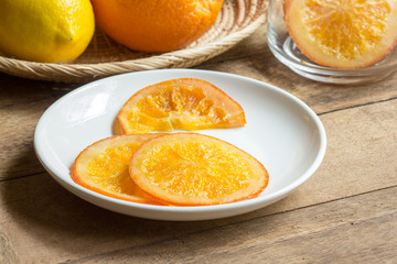 Orange sliced with syrup.