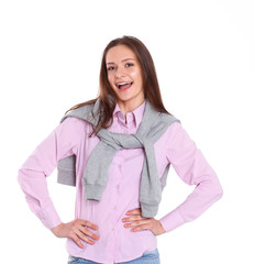 Young woman standing on the white background