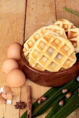 Sweet waffles and fresh milk with jam.
