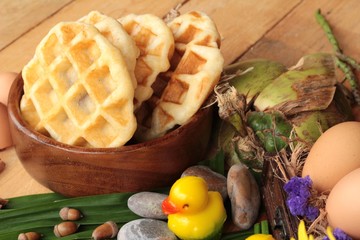 Sweet waffles and fresh milk with jam.