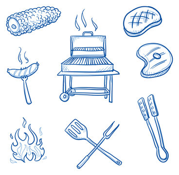 Set of barbecue icons: sweet corn, fire, saussage, steak, meat, grill, turner. Hand drawn doodle vector illustration.