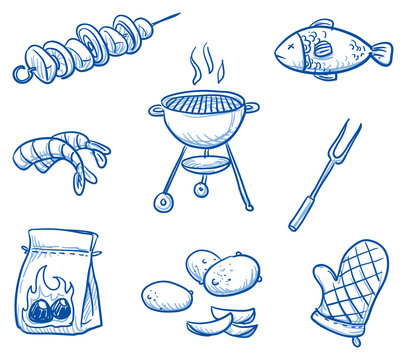 Set of barbecue icons: meat skewer, fish, grill, coals, shrips, potatoes, fork, oven glove. Hand drawn doodle vector illustration.