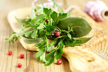 Bouquet garni on wood board