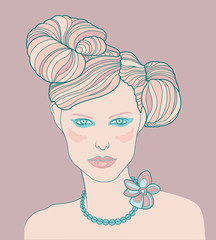 Illustration of female head with glamourous hairstyle.