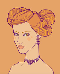 Illustration of female head with glamourous hairstyle.
