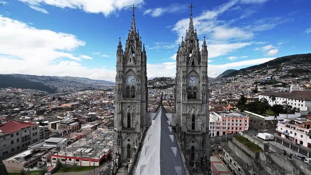 View of the two spires of the basilica in Quito, Ecuador