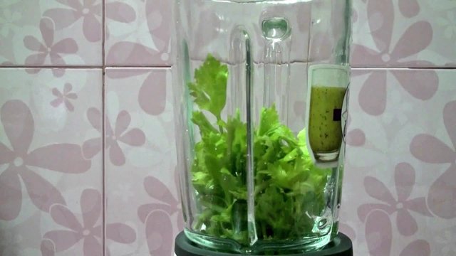 Making juice from celery, water and honey with blender