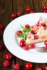 Delicious fruit cake on white plate