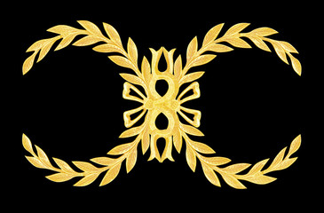 Ornament elements, vintage gold floral designs isolated on black