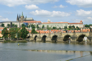 View of the Old Town and Charles Bridge over Vltava river in Prague, Czech Republic
