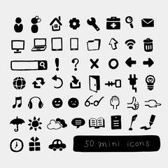 50個の手書き風のラフなミニアイコンセット
