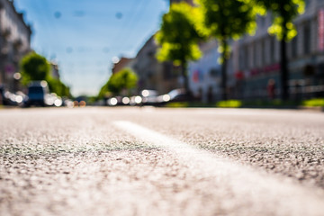 City on a sunny day, a quiet street with trees and cars