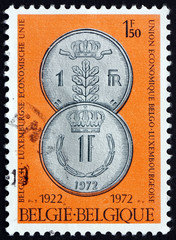 Postage stamp Belgium 1972 Coins of Belgium and Luxembourg
