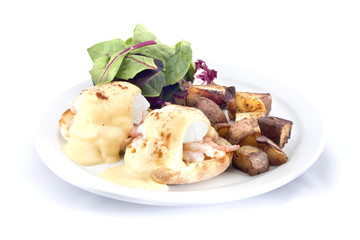 shrimp eggs benedict hash browns salad
