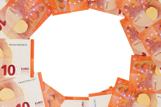 Background of ten euros notes spread out in a circle