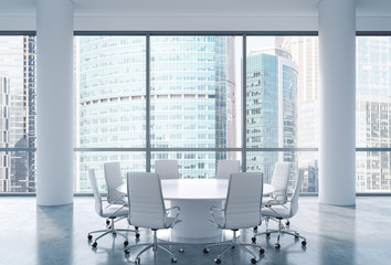Panoramic conference room in modern office, Moscow International Business Center view. White chairs and a white round table. 3D rendering.
