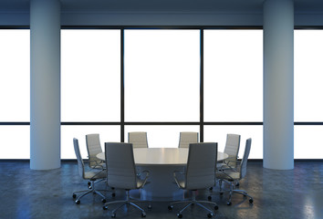 Panoramic conference room in modern office, copy space view from the windows. White chairs and a white round table. 3D rendering.