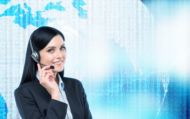 Brunette support operator in headset and digital world with binary code on the background. Elements...