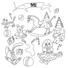 Naklejka premium Hand drawn sketch set with toys.