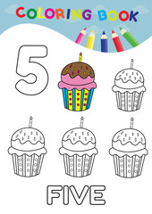 coloring book number five with 5 cupcakes vector for kids and ed