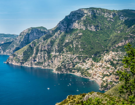 View of Amalfi Coast from Positano to isle of Capri.