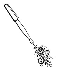 black and white outline of an ink pen with a painted floral design of curves and curls.