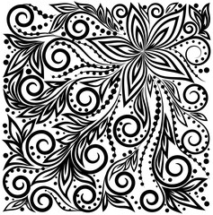 Decorative graphic curly background with flowers and leaves black-and-white pattern.