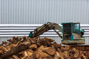 Fototapeta premium Worker operate truck timber grab for transport and loading
