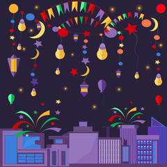 Night city festive elements balls, lamps, stars