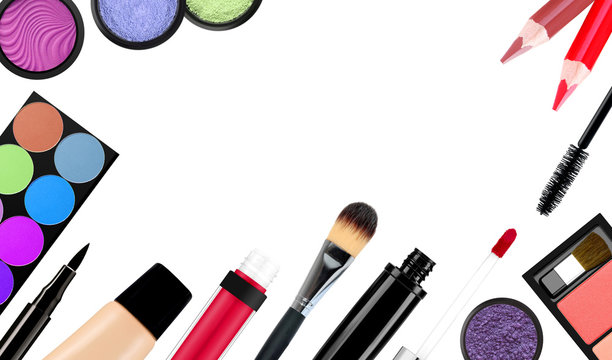 makeup brush and cosmetics, on a white background isolated, with
