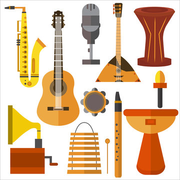 Set  musical instruments guitar, gramophone, trumpet, microphone