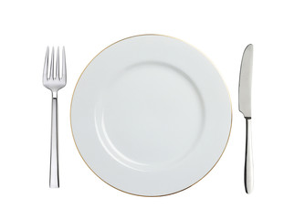 white plate, spoon and fork isolated on white