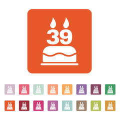 The birthday cake with candles in the form of number 39 icon. Birthday symbol. Flat