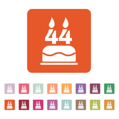 The birthday cake with candles in the form of number 44 icon. Birthday symbol. Flat