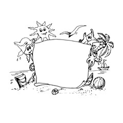 background, frame Doodle sea, octopus jellyfish dolphin shell, p