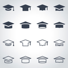 Vector black academic cap icon set