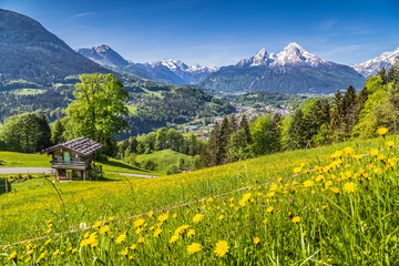Idyllic landscape in the Alps with traditional mountain lodge in springtime