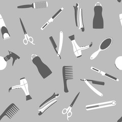 Gray barber shop seamless vector pattern. Beauty salon flat icons.