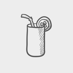 Orange jiuce glass with drinking straw sketch icon