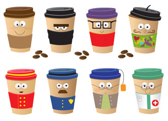 Coffee Cups Characters - Cute vector set of 8 coffee cups characters. Eps10