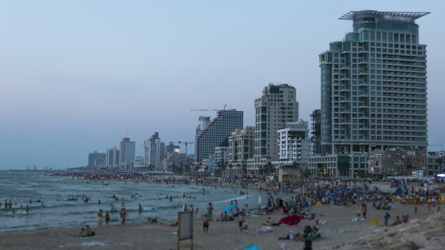 Tel Aviv city Israel beach skyline sunset time lapse