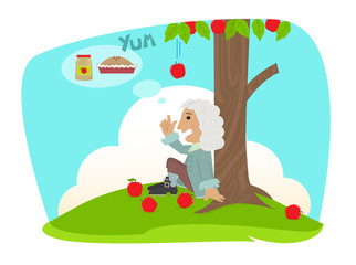 Isaac Applesauce - Funny cartoon of Isaac Newton sits under an apple tree, and gets ideas about making applesauce and apple pie. Eps10